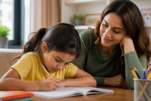 parenting ADHD child — patient parent helping child focus on homework at a desk