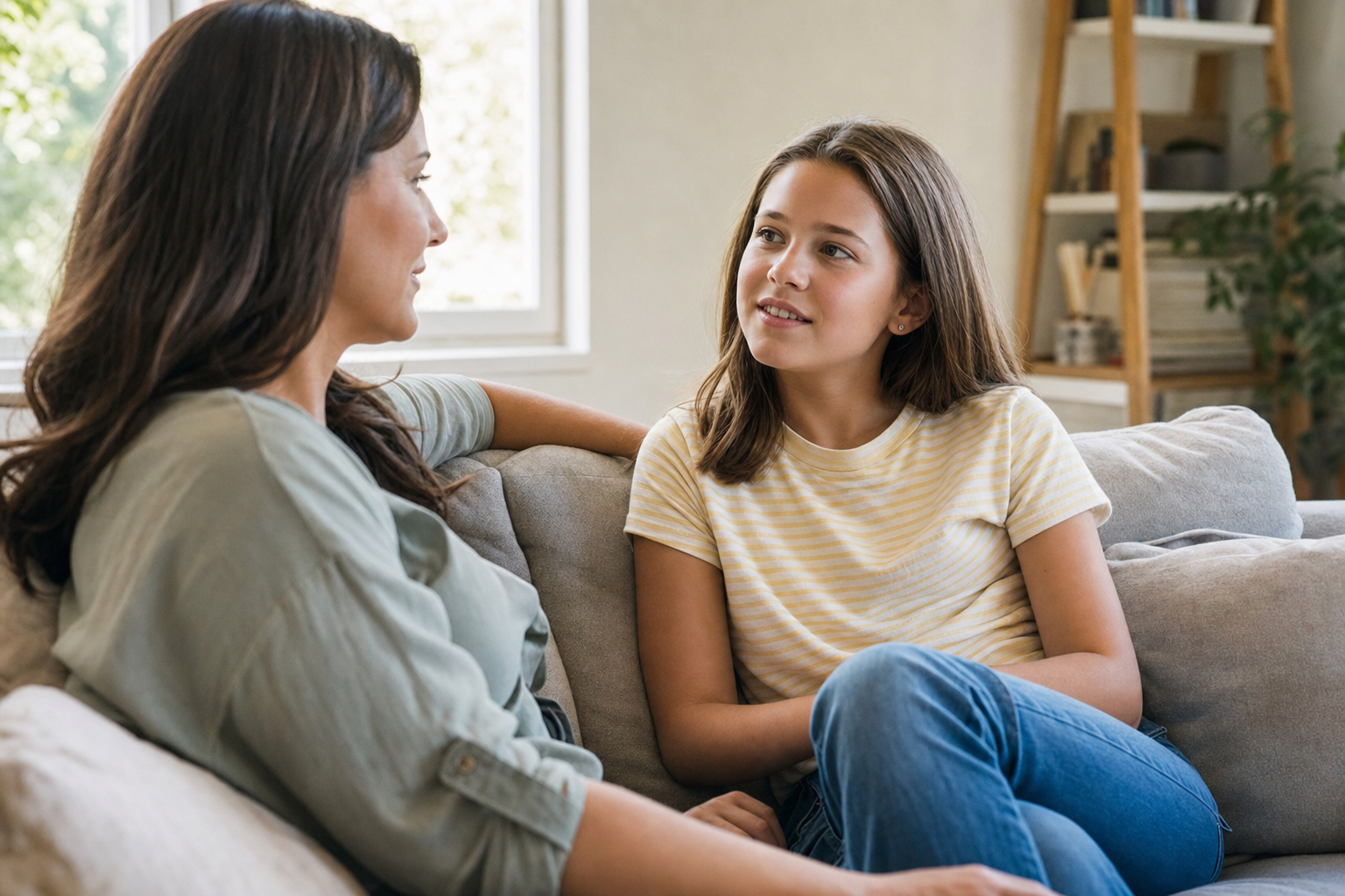 Parenting a tweener — mom and tween daughter having a calm conversation