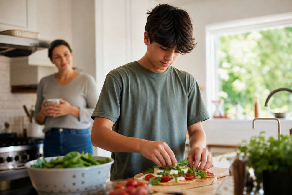 Parenting and Teen Independence 15 Independent teenager cooking in the kitchen while a parent supports from a distance