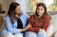 Parenting and Understanding Teenage Stress 6 parent supporting stressed teenager on couch teenage stress parenting
