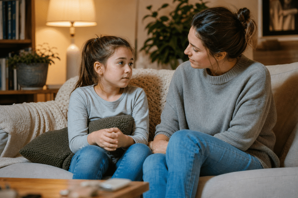 Child changing friends — parent offering comfort and guidance during friendship changes