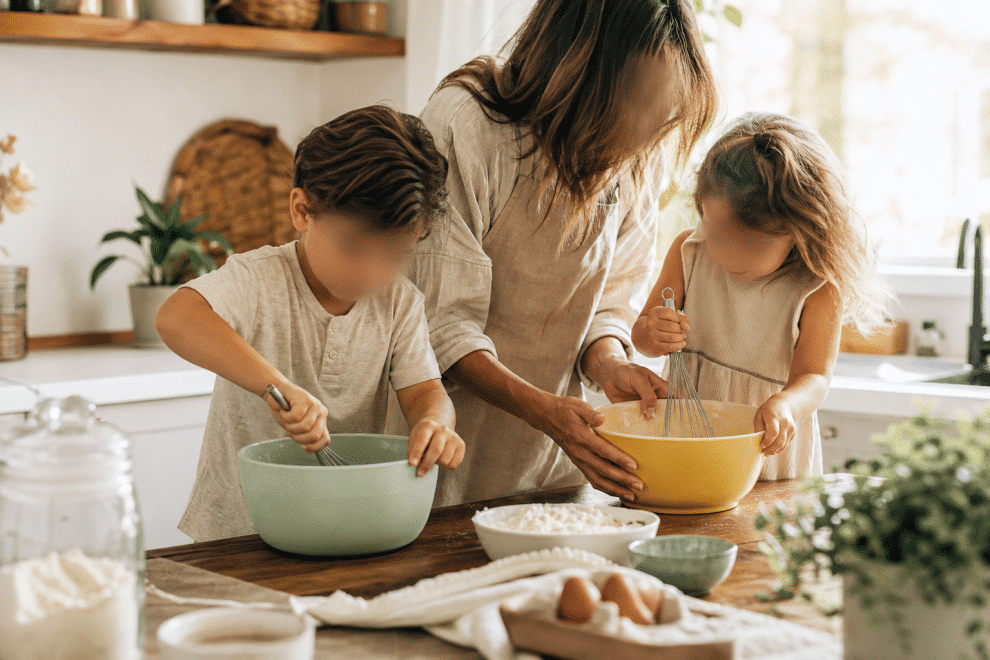 indoor family fun activities with kids cooking together in a bright family kitchen