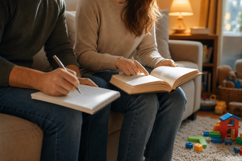 parents sitting together reviewing parenting approach - stop kids playing mom against dad