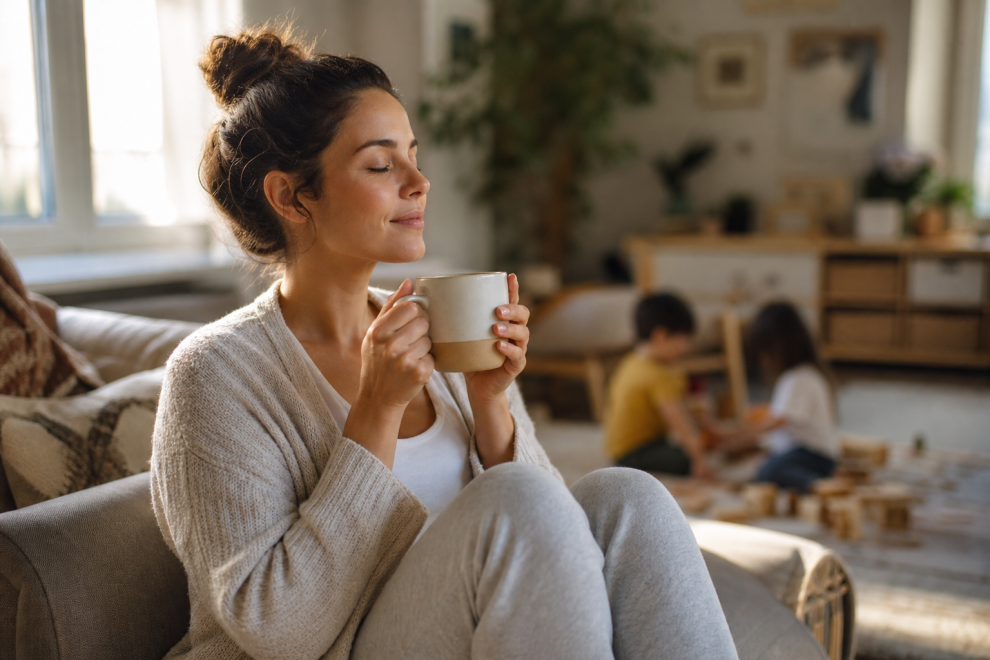 Parenting Overload - Super Mom Syndrome 15 Mother easing supermom syndrome by pausing for a quiet cup of tea