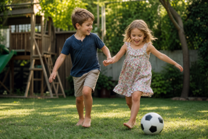 Raising boys vs girls, siblings playing together in the backyard