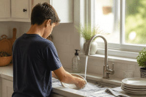 teaching responsibility to teens — teenager doing household chores in a bright home kitchen