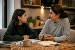 helping teens make good decisions — parent guiding teenager in a thoughtful discussion