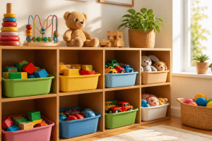 toy rotation system — colorful kids toys organized in storage bins