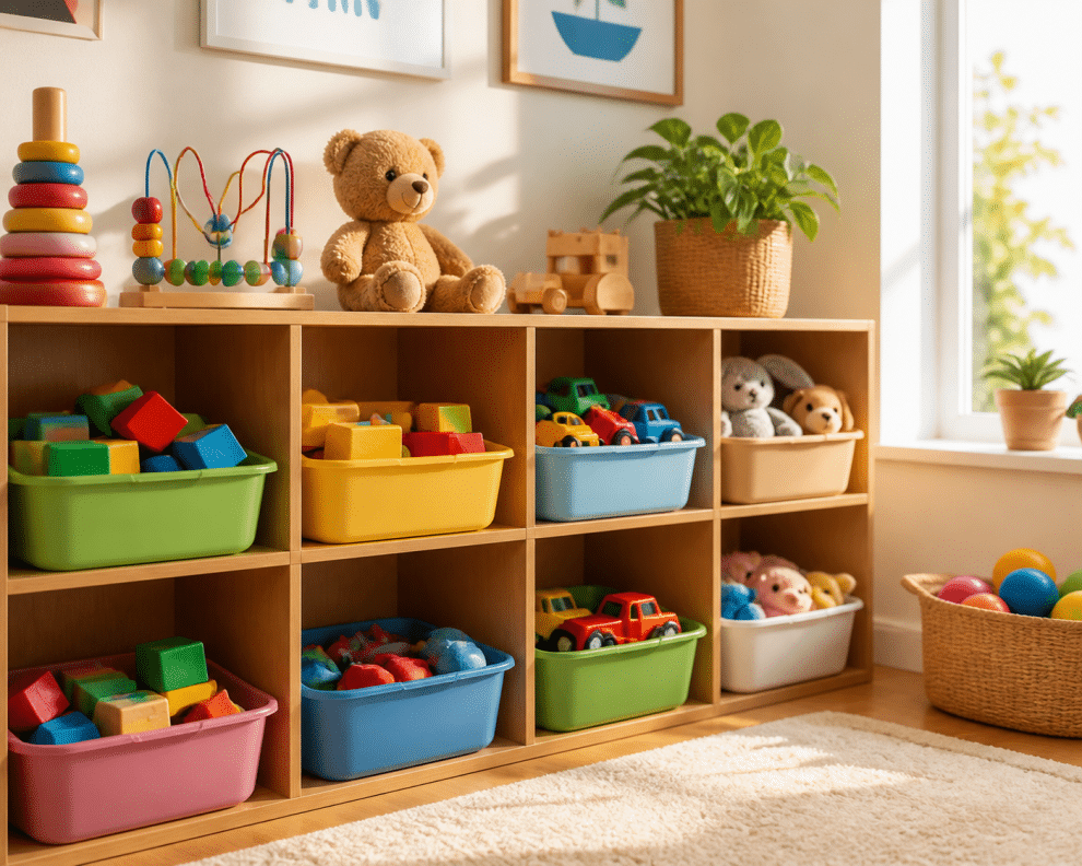toy rotation system — colorful kids toys organized in storage bins
