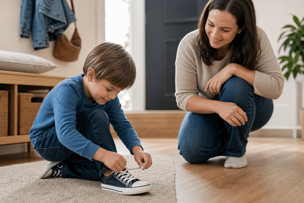 encouraging independence in children — child tying shoes independently while parent encourages