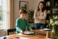 Parenting Tips for Responsible Kids 3 child setting dinner table with parent watching parenting responsible kids