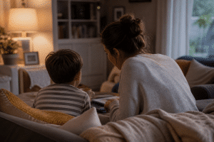 get kids to open up parent and child talking warmly on sofa