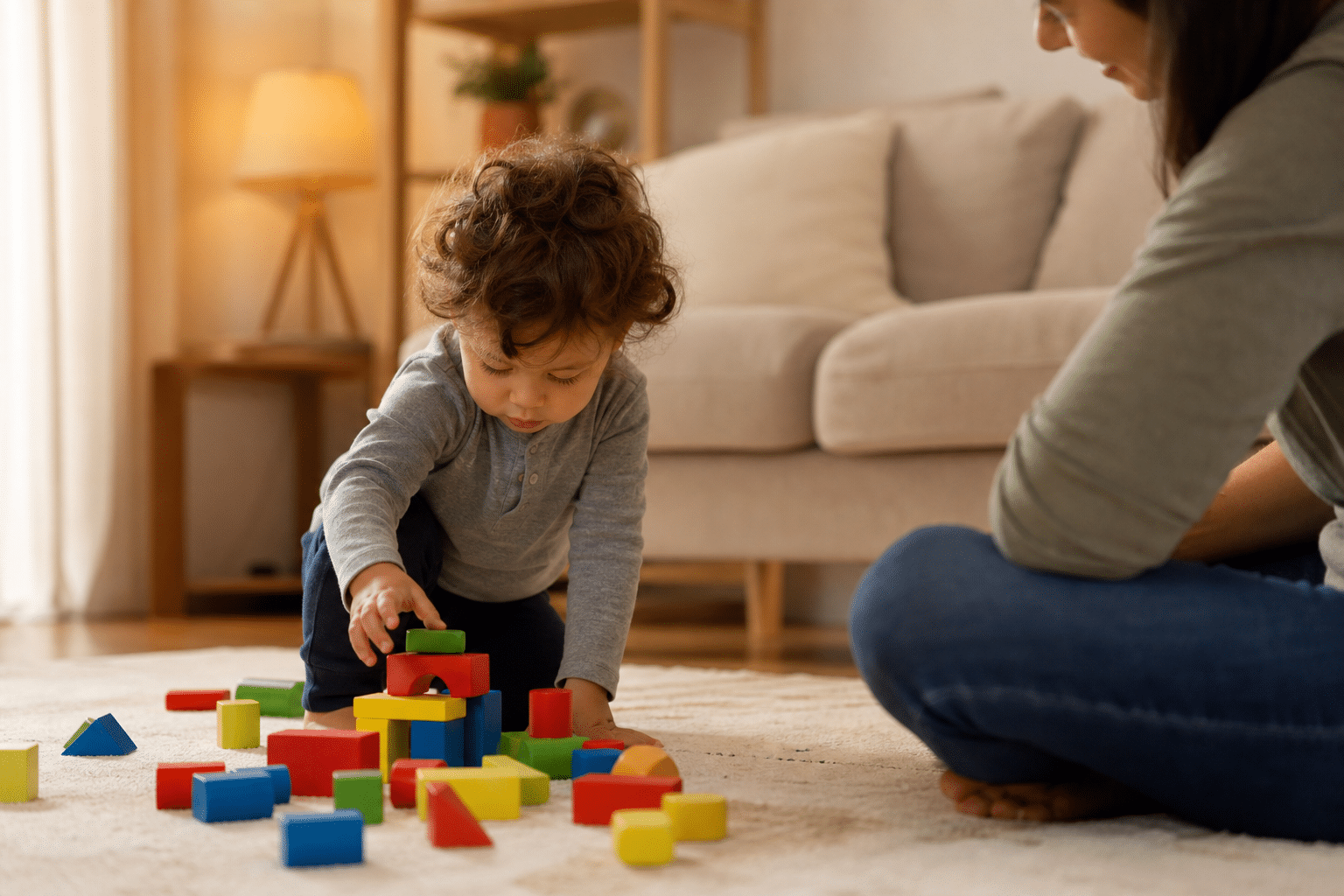 toddler playing with colorful blocks while parent watches — fun toddler development activity