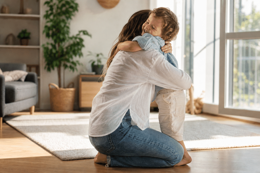 toddler parenting tips — parent hugging happy toddler in sunny living room