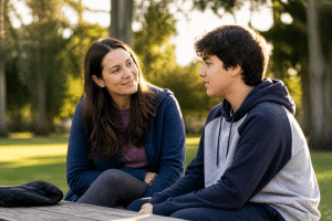 teen independence — parent and teenager having a meaningful conversation