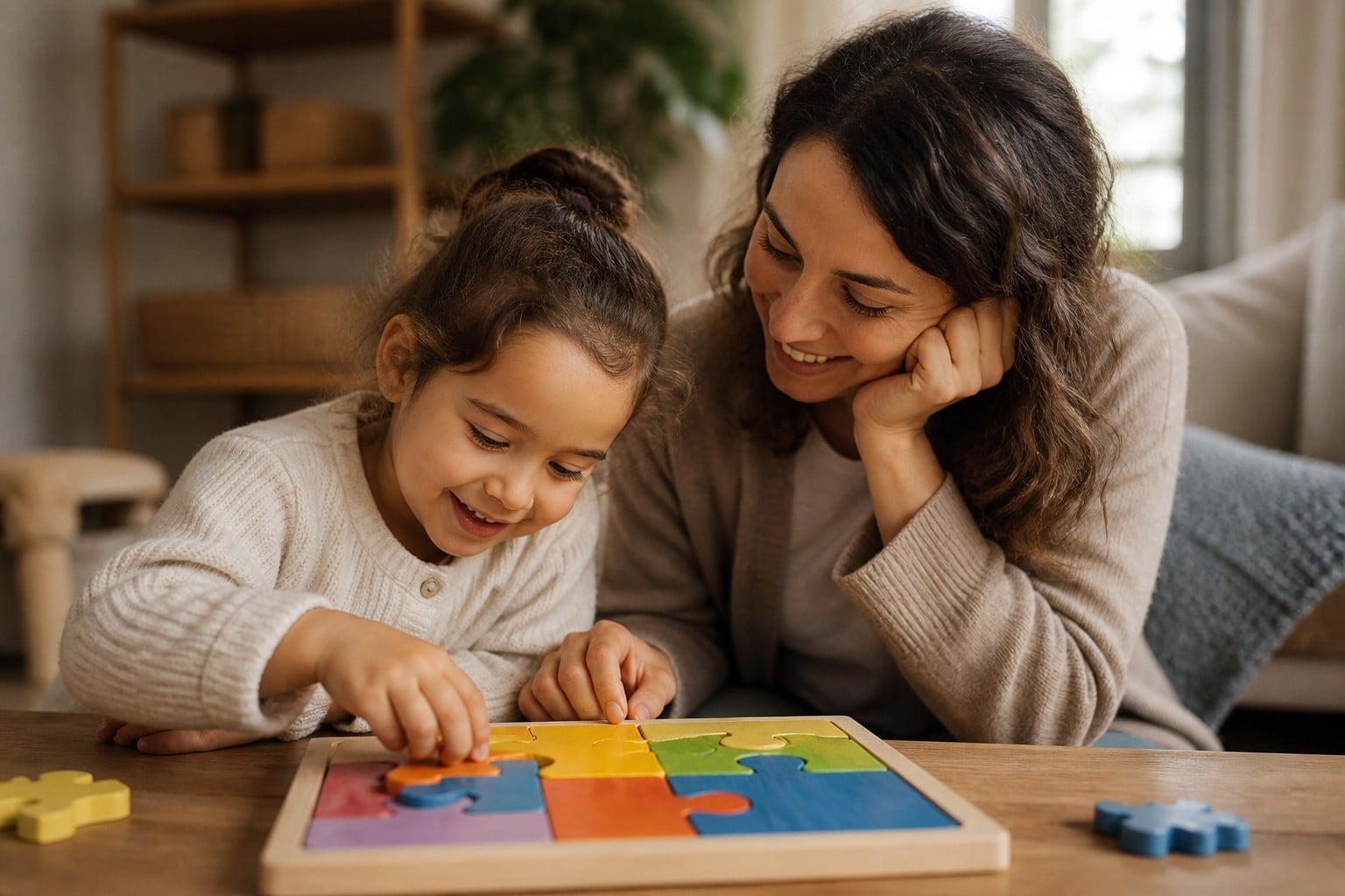 A parent warmly praising a young child's effort at a puzzle rather than the result — praising effort over outcome is one of the most powerful ways to help a perfectionist child build a growth mindset and ease the pressure, natural warm light