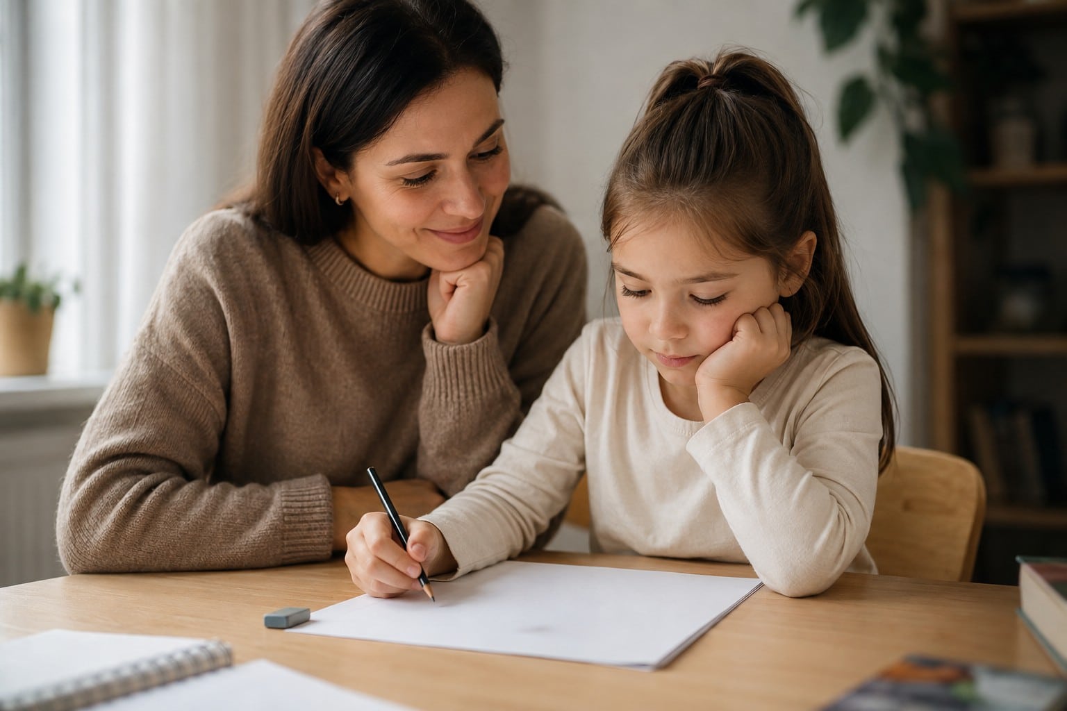 A young child looking calm and thoughtful over a small mistake at a desk while a parent stays warmly nearby, learning that mistakes are survivable and useful