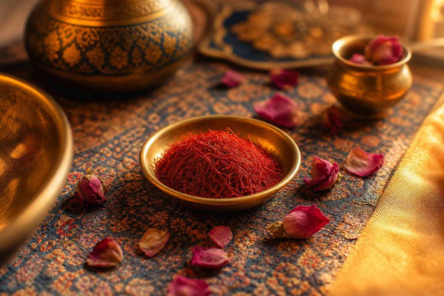 30 Beautiful Persian Baby Names & Their Meanings 17 A small dish of saffron threads and scattered rose petals in rich gold and deep blue tones, evoking the poetry behind Persian baby boy names