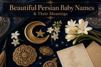 30 Beautiful Persian Baby Names & Their Meanings 1 Collection of persian baby names cards with jasmine, a starry night sky, and warm gold accents