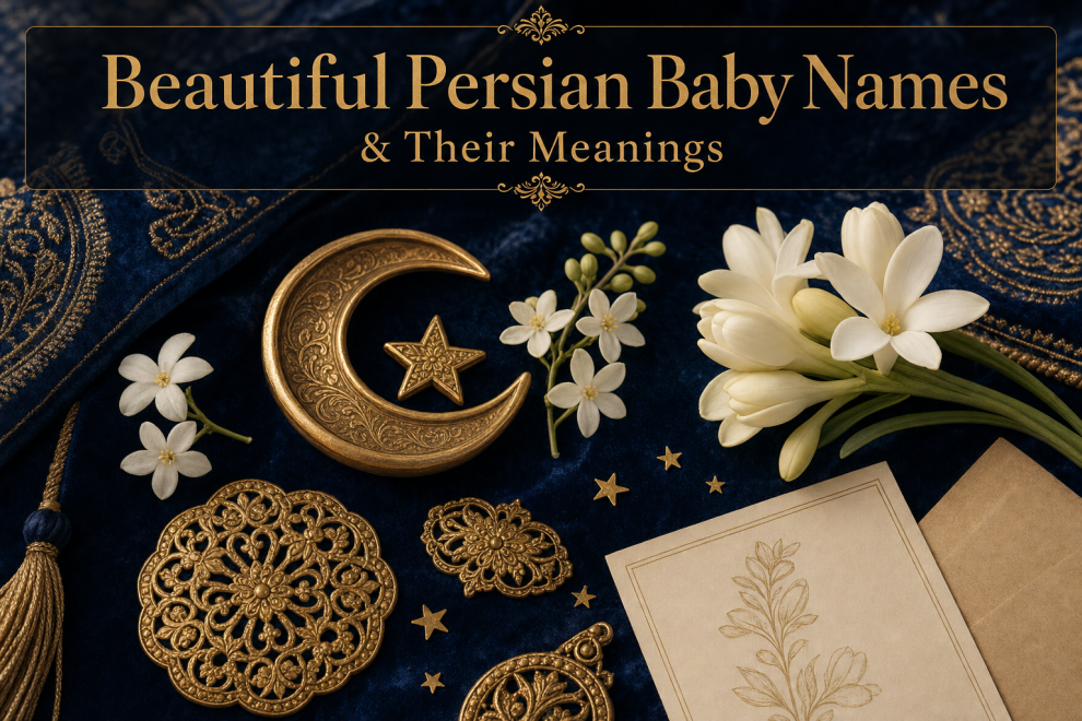 30 Beautiful Persian Baby Names & Their Meanings 15 Collection of persian baby names cards with jasmine, a starry night sky, and warm gold accents