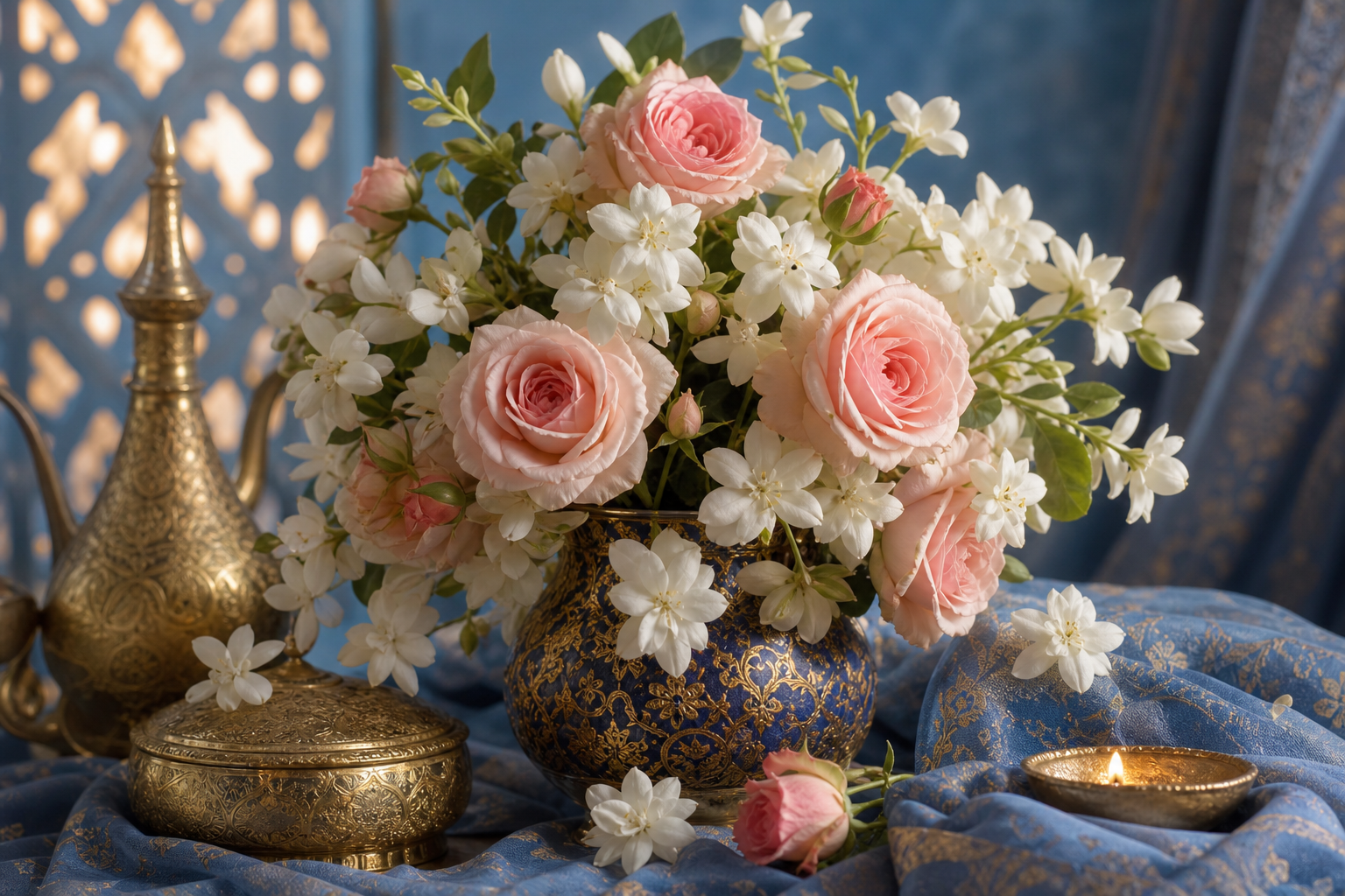 30 Beautiful Persian Baby Names & Their Meanings 16 Jasmine and soft pink roses with delicate gold accents against a gentle twilight-blue tone, evoking the lyrical beauty of Persian baby girl names