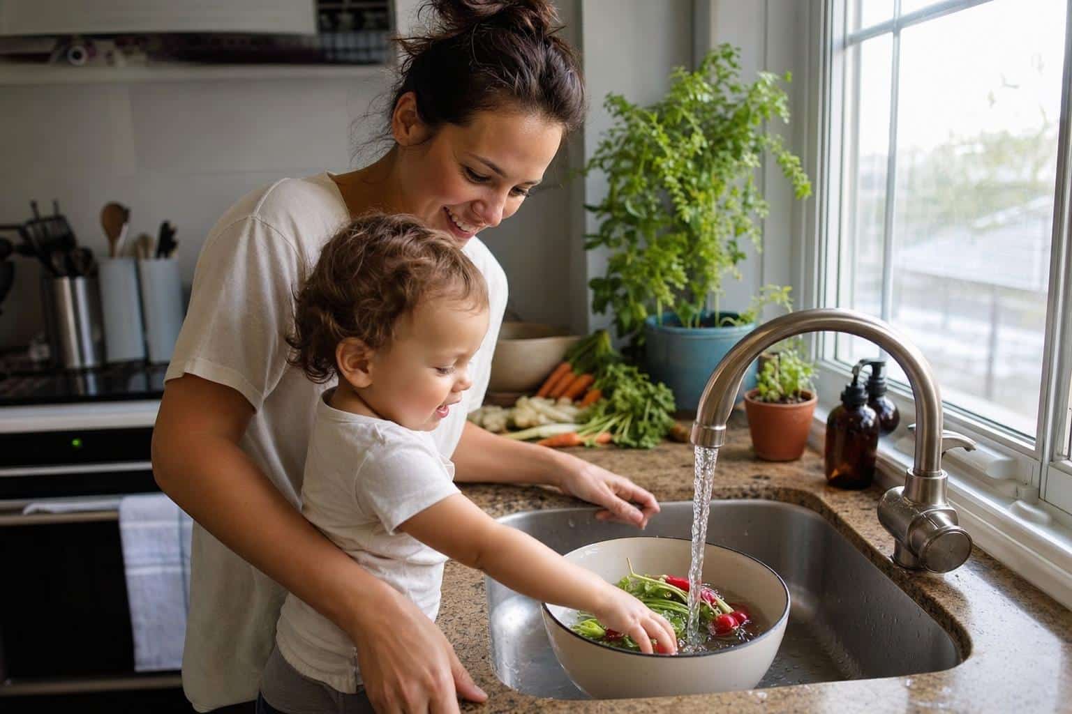 Picky Eater Toddler Tips: Simple Ways to Make Mealtimes Calm Again 8 A toddler and parent in the kitchen together, toddler helping rinse vegetables in a small bowl at the sink, both smiling, warm natural light.