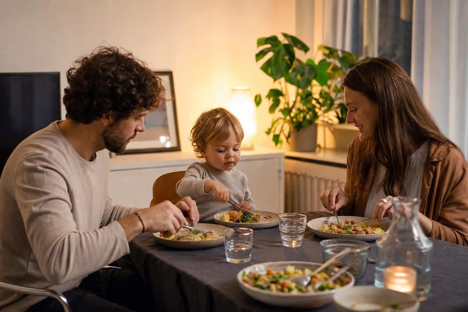 Picky Eater Toddler Tips: Simple Ways to Make Mealtimes Calm Again 9 A calm family mealtime scene with a toddler seated at the table with food on the plate, the whole family eating together, warm evening light in a cozy home dining area.