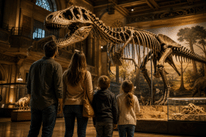 visiting a museum with kids family exploring natural history museum exhibit