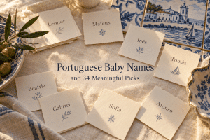 Portuguese baby names arranged on warm cream name cards beside blue-and-white azulejo tiles, a sprig of olive leaves, and soft golden light