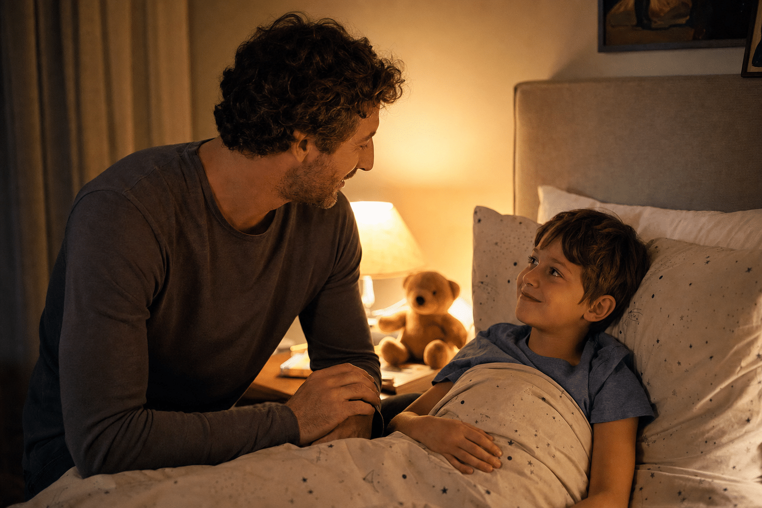 Warm photo-real bedtime scene of a parent sitting on the edge of a child's bed at night by soft lamplight, both smiling as they talk before sleep, illustrating the end-of-day three-good-things self talk ritual for kids