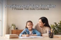 Positive Self Talk for Kids: 7 Phrases That Build Confidence 1 A smiling grade-school child at a homework table with a parent beside them, illustrating positive self talk for kids, with a legible baked-in headline