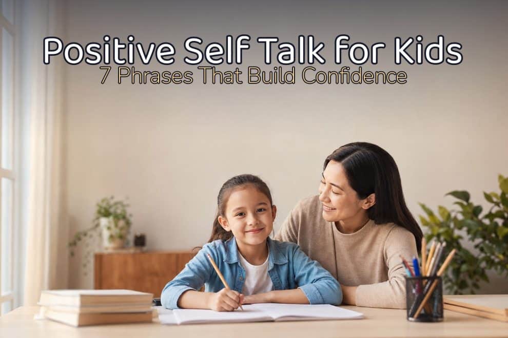A smiling grade-school child at a homework table with a parent beside them, illustrating positive self talk for kids, with a legible baked-in headline
