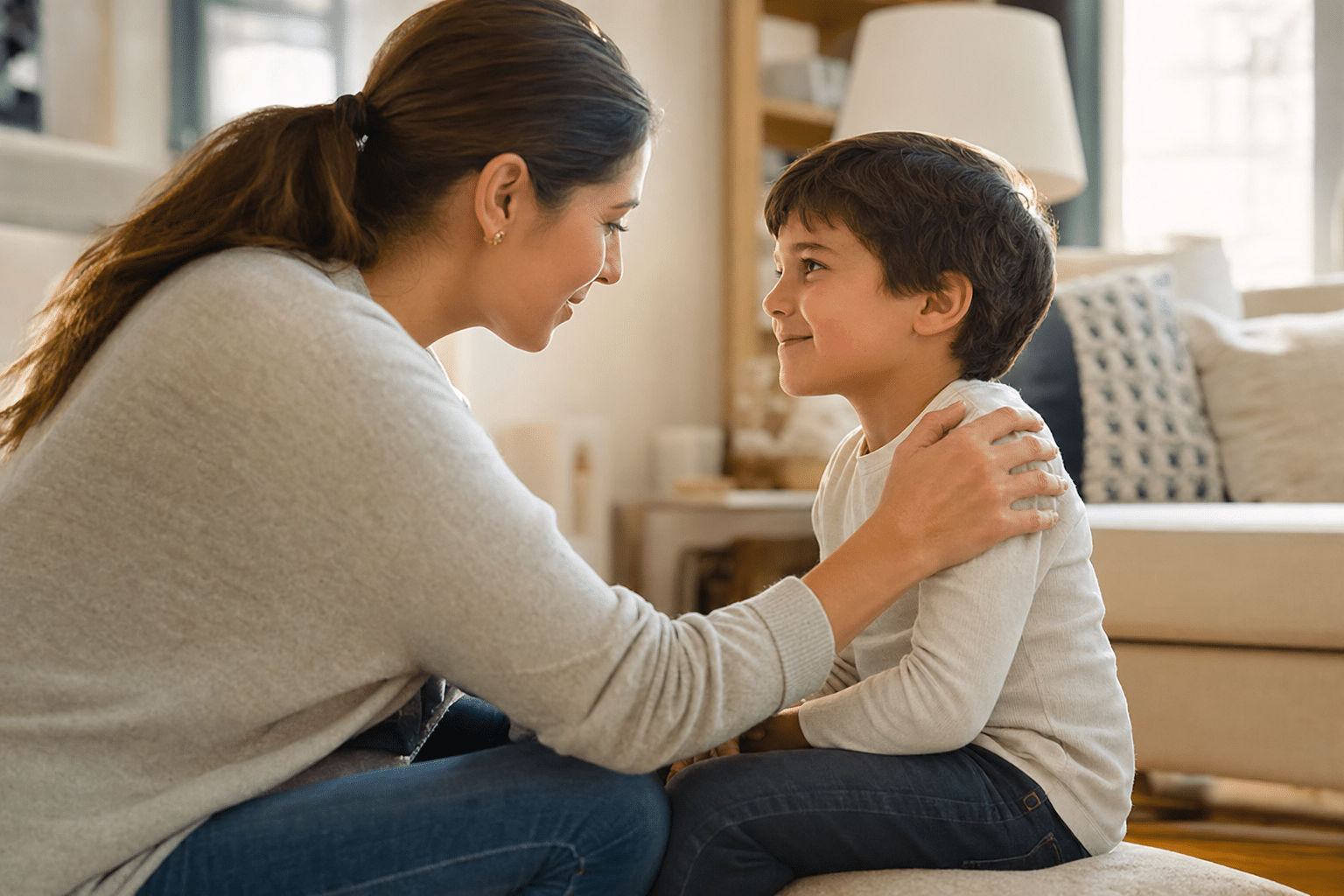 Warm realistic photo of a parent kneeling to talk gently with a school-age child at eye level in a cozy living room, both smiling, the child looking encouraged, illustrating positive self talk for kids modeled at home