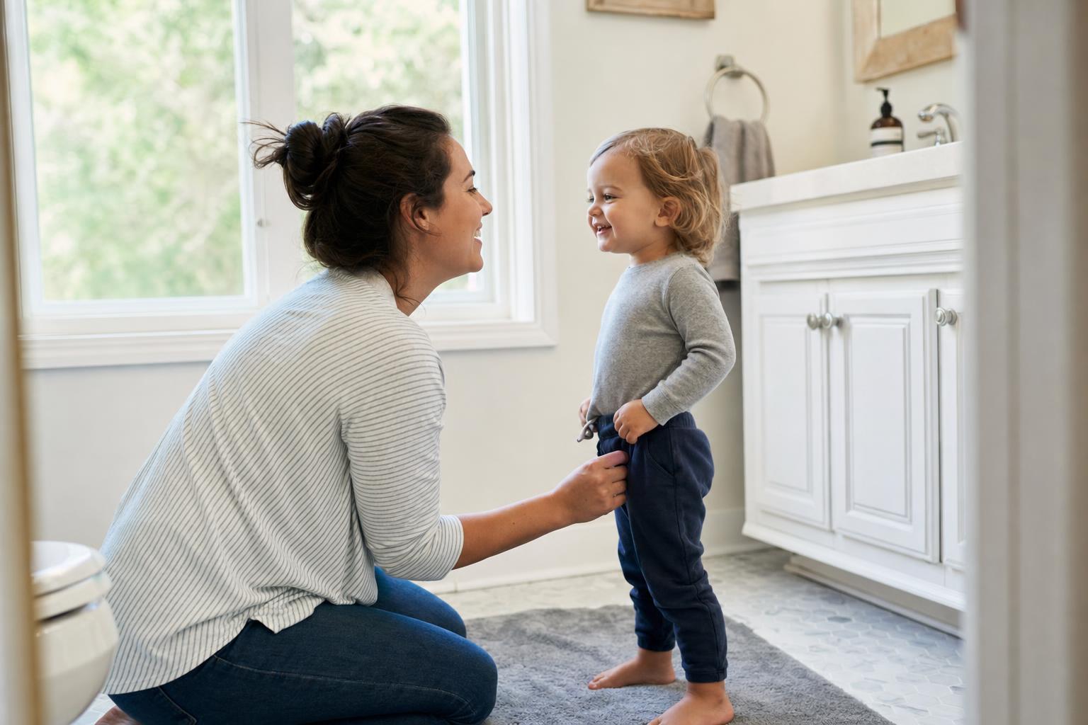 How to Potty Train a Toddler: A Gentle, Calm Guide That Actually Helps 16 A patient parent kneeling beside a smiling toddler in the bathroom, gently encouraging them with a relaxed, happy expression, warm candid documentary feel
