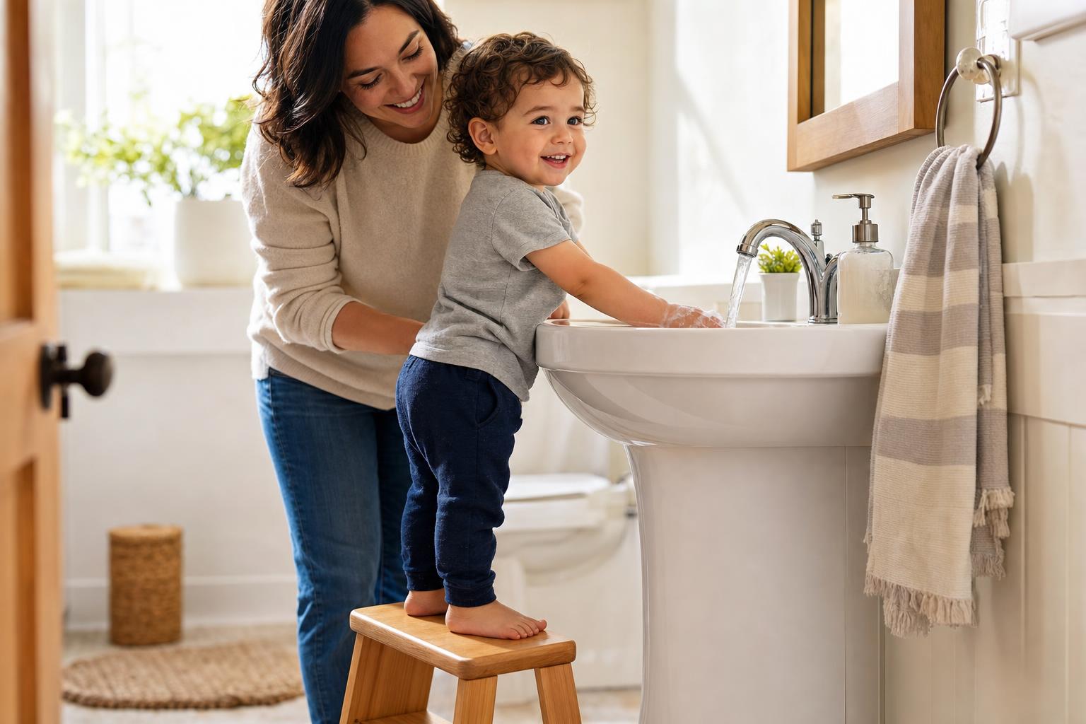 How to Potty Train a Toddler: A Gentle, Calm Guide That Actually Helps 17 A young toddler proudly washing their hands at a small step stool by the bathroom sink while a parent smiles encouragingly nearby, cozy natural light