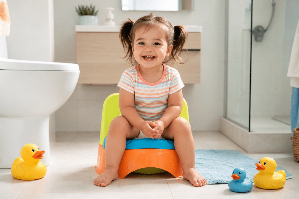 potty training tips for toddlers with a happy child on a colorful potty chair