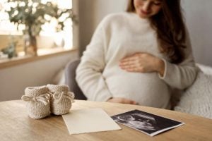 Pregnancy announcement ideas laid out on a wooden table — tiny baby shoes, a handwritten card, and an ultrasound photo, with a smiling expectant mom in soft natural light.