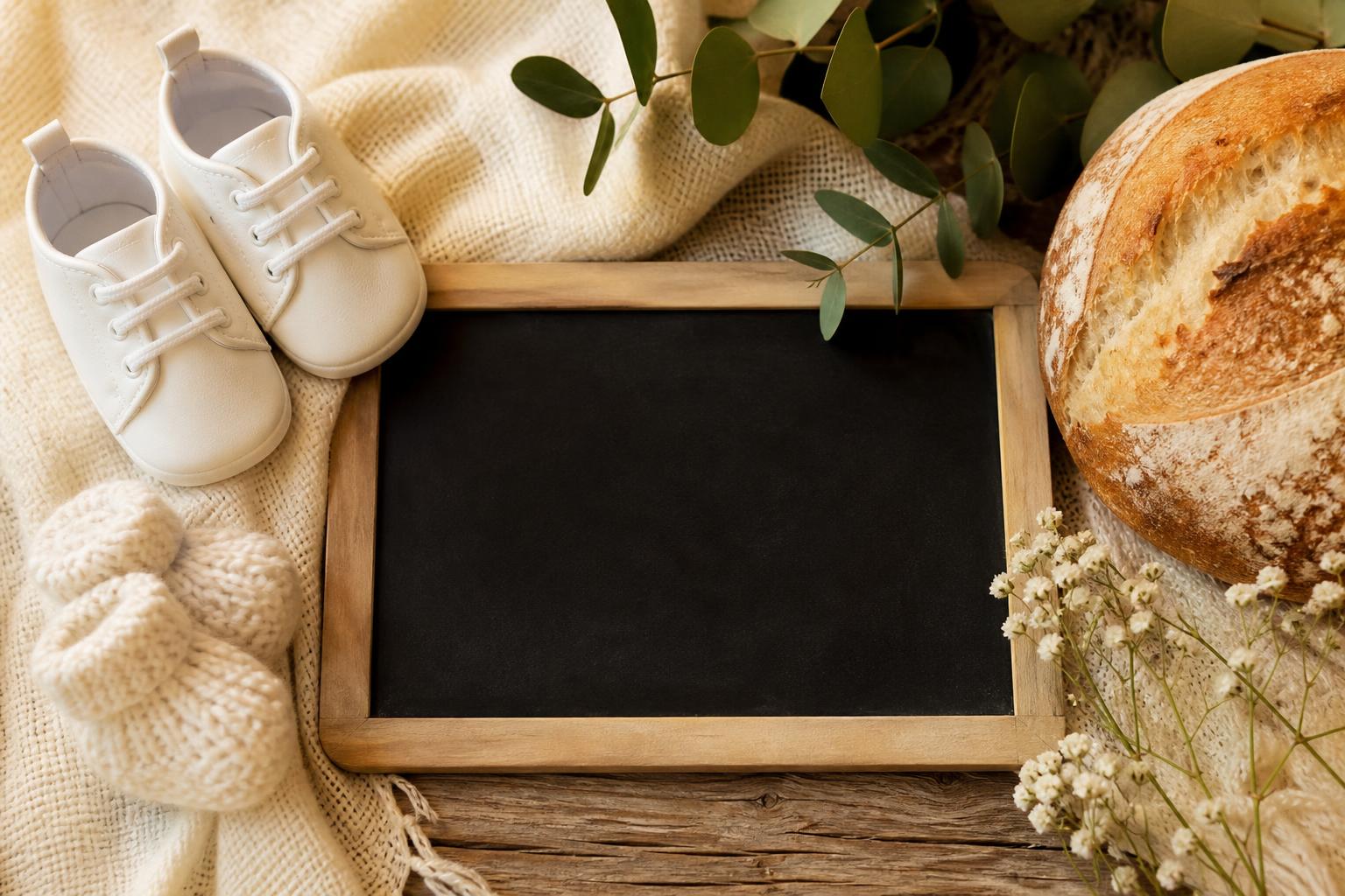 Pregnancy Announcement Ideas: Simple, Joyful Ways to Share Your Happy News 16 A warm pregnancy announcement flat lay on a wooden table — a small chalkboard sign, tiny baby shoes, a knitted bootie, and a loaf of bread in soft natural light