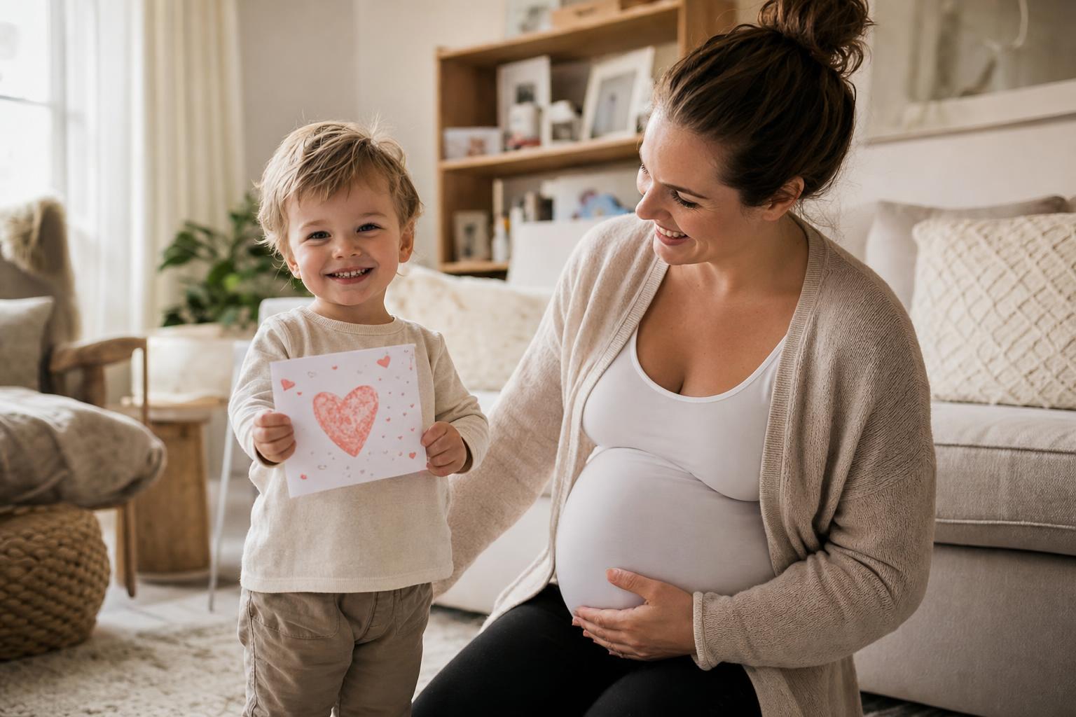 Pregnancy Announcement Ideas: Simple, Joyful Ways to Share Your Happy News 17 A toddler holding a hand-lettered \"big sister\" sign while a smiling pregnant mom kneels beside her in a sunlit living room, a relaxed candid family moment.