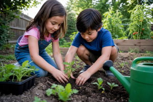 Taking care of God's creation: children tending a garden together