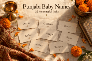 Punjabi baby names arranged on warm cream name cards beside a small brass lamp, marigold petals, and soft golden light