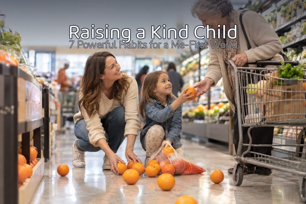 A warm mom of three crouching beside her young child on a grocery-store floor, gathering up dropped oranges and handing them back to a smiling older shopper, with a legible baked-in headline "Raising a Kind Child" and subline "7 Powerful Habits for a Me-First World" — a tender scene at the heart of raising a kind child