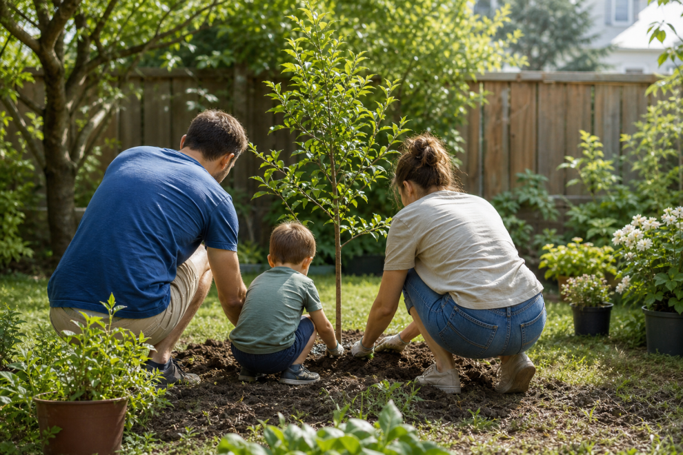 Raising Kids That Are Eco Friendly 15 Eco friendly kids planting a tree together in a backyard garden