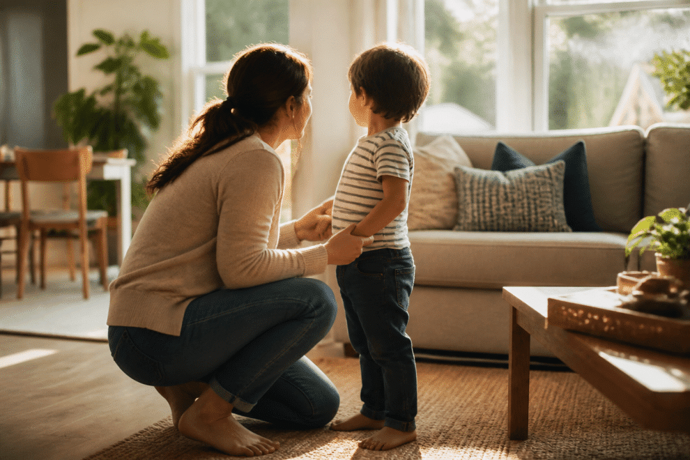 positive parenting tips — parent connecting warmly with child at eye level in a sunlit living room