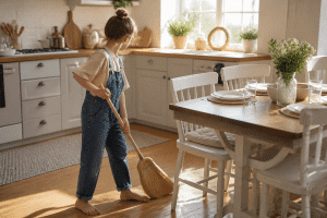 raising responsible kids — child helping with household chores in a bright family kitchen