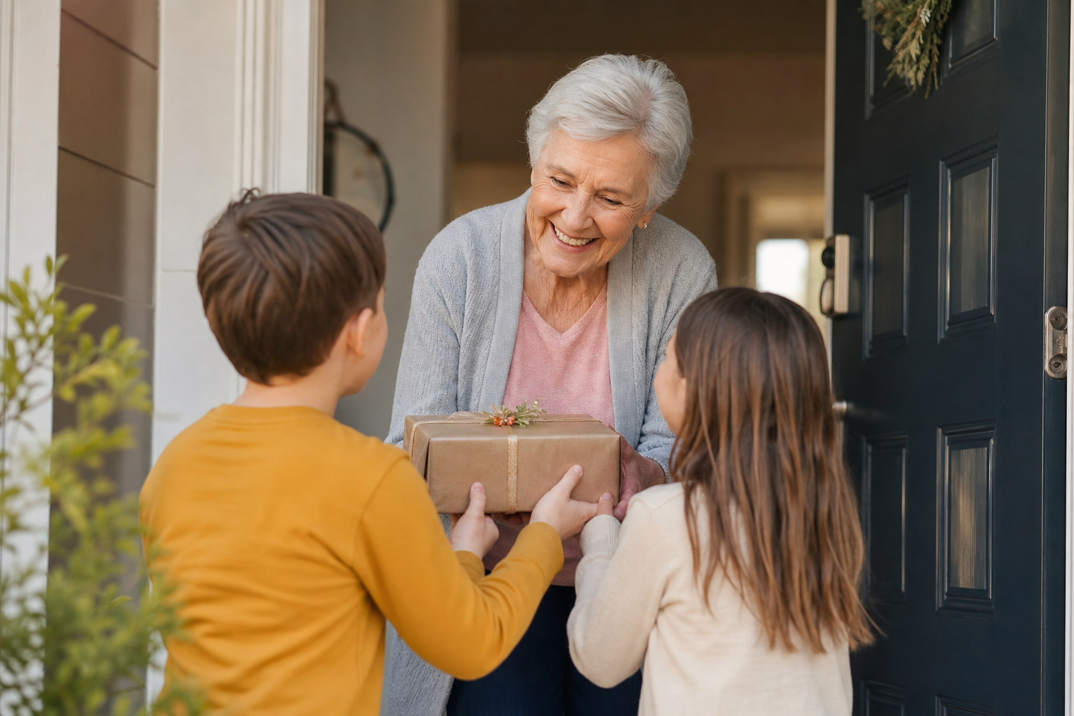 Acts of kindness for kids — children giving a gift to a neighbor