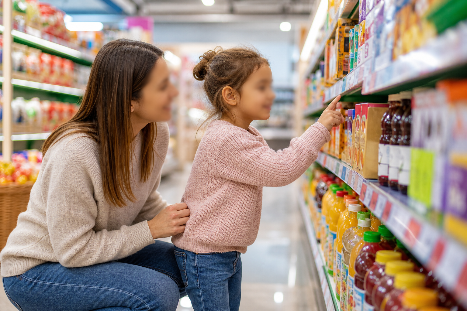 Reading Opportunities Everywhere - Part 1 16 reading opportunities for kids - young child curiously reading labels and signs at grocery store with smiling parent nearby