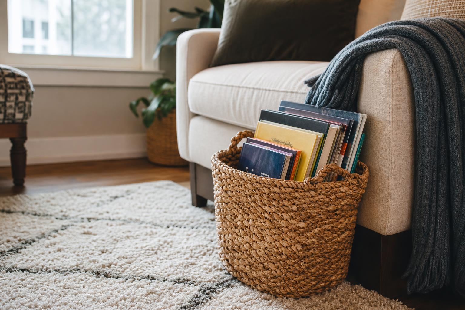 Reading Routine Reboot: A Simple Way to Help Kids Love Books Again 8 Basket of picture books, graphic novels, joke books, and nonfiction books within easy reach.