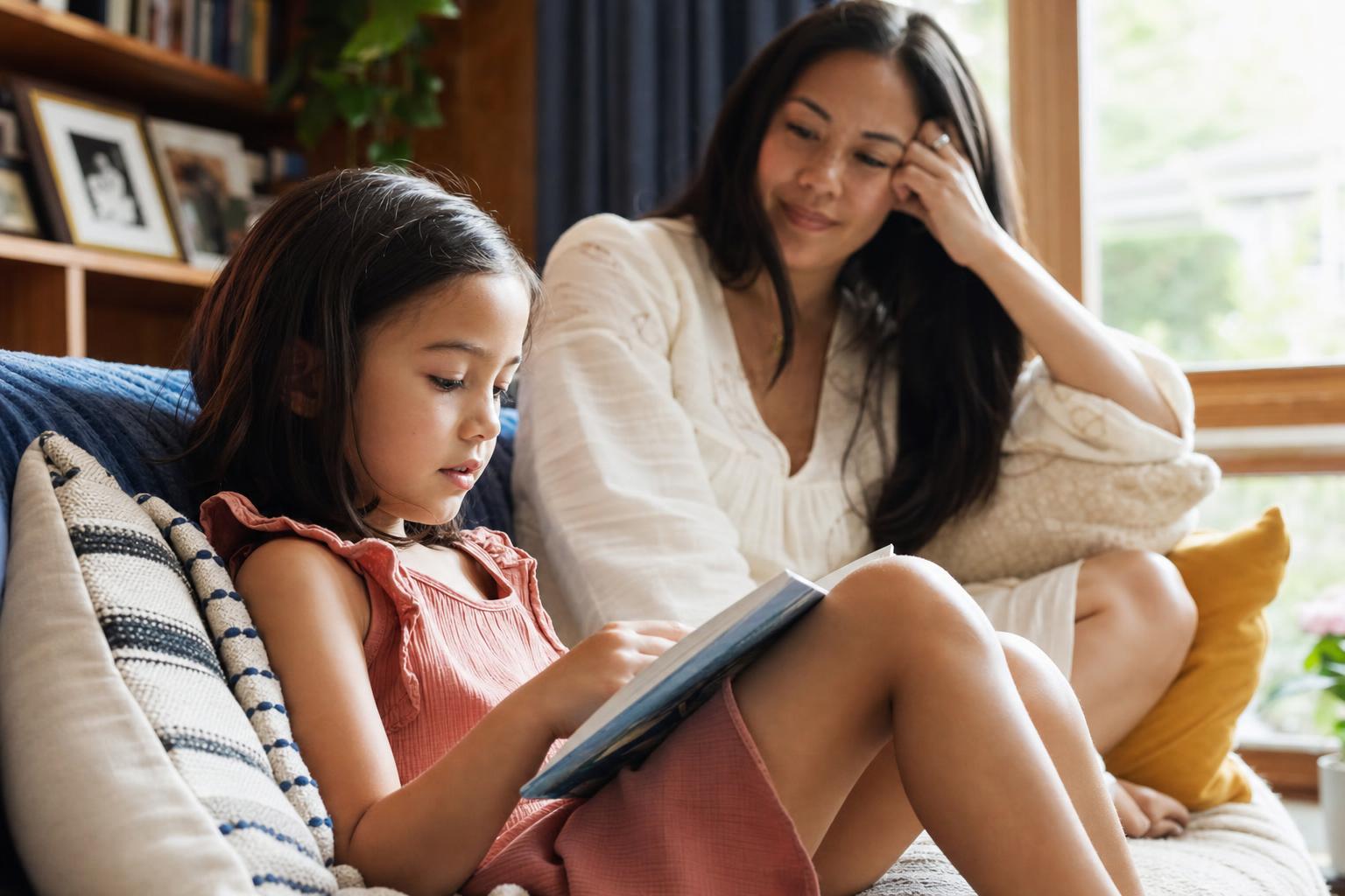 Reading Routine Reboot: A Simple Way to Help Kids Love Books Again 9 Child reading in a cozy family space with a parent nearby and no screens visible.