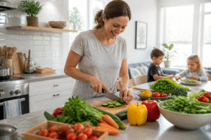 Mom preparing a quick family dinner in the kitchen, quick recipes for busy moms